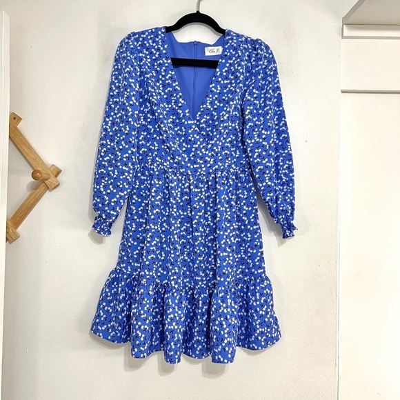Eliza J Cherry Print Ruffle Long Sleeve Dress Blue Size 4 - Picture 4 of 11